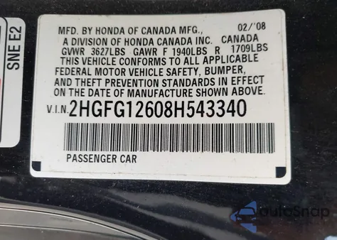 2008 Honda Civic Lx z USA, uszkodzony, nr VIN 2HGFG12608H543340